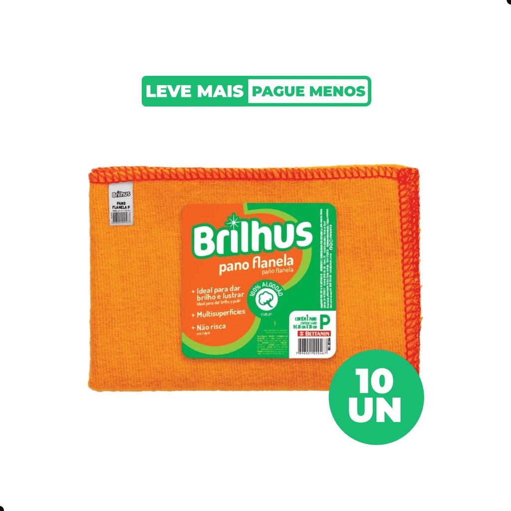 Kit Pano Flanela Tam P 100% Algodão Brilhus 10 Unidades Kit Pano Flanela Tam P 100% Algodão Brilhus 10 Unidades