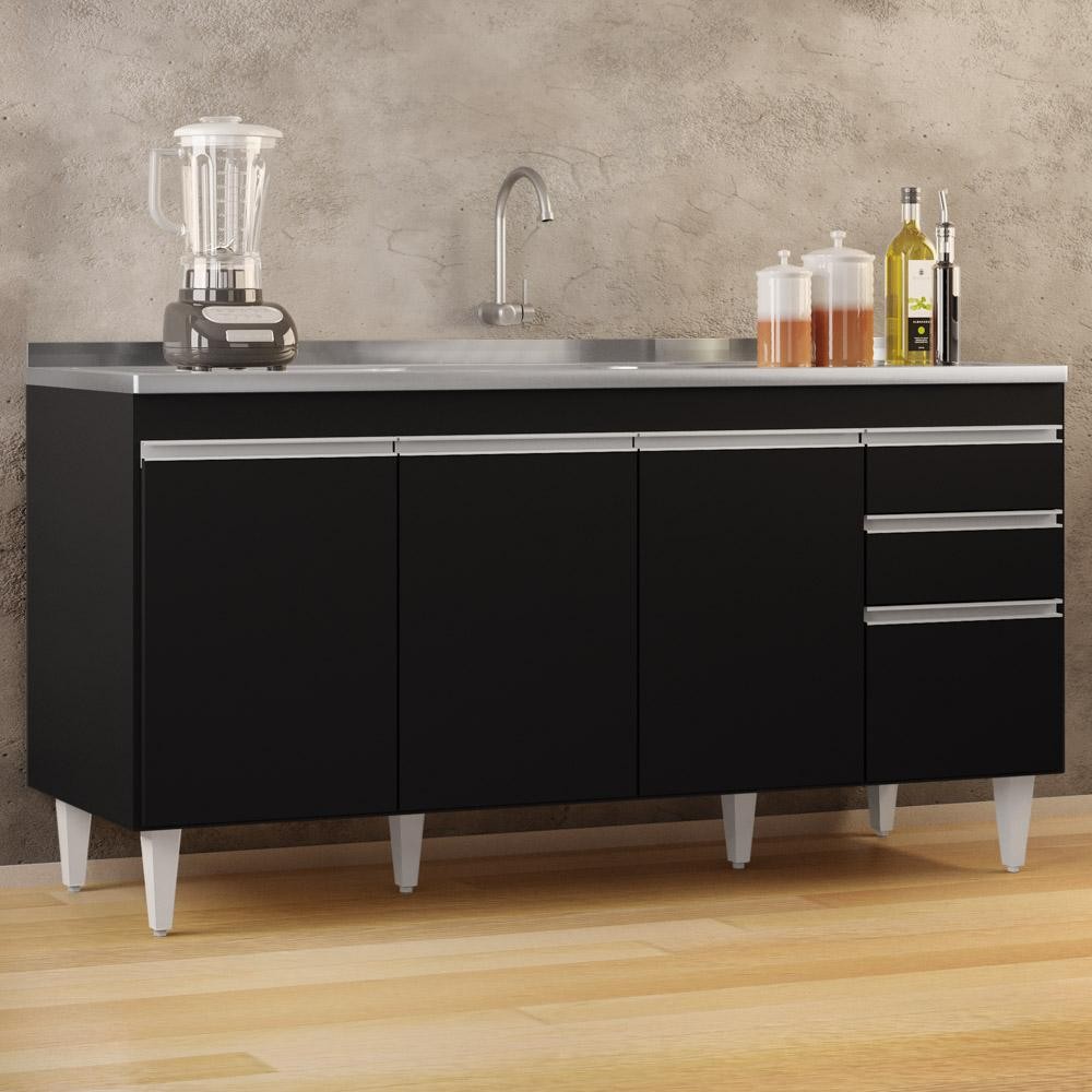 Balcão Gabinete com Pia Inox 160cm Arkansas Preto – Lumil Balcão Gabinete com Pia Inox 160cm Arkansas Preto – Lumil