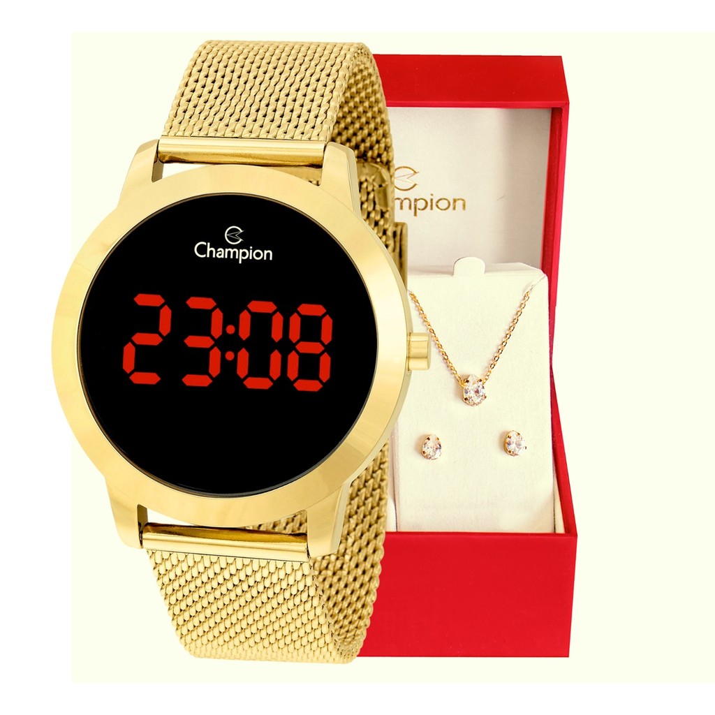 Relógio Champion Feminino Dourado Digital Led Vermelho CH40106H Kit Colar e Brincos Relógio Champion Feminino Dourado Digital Led Vermelho CH40106H Kit Colar e Brincos