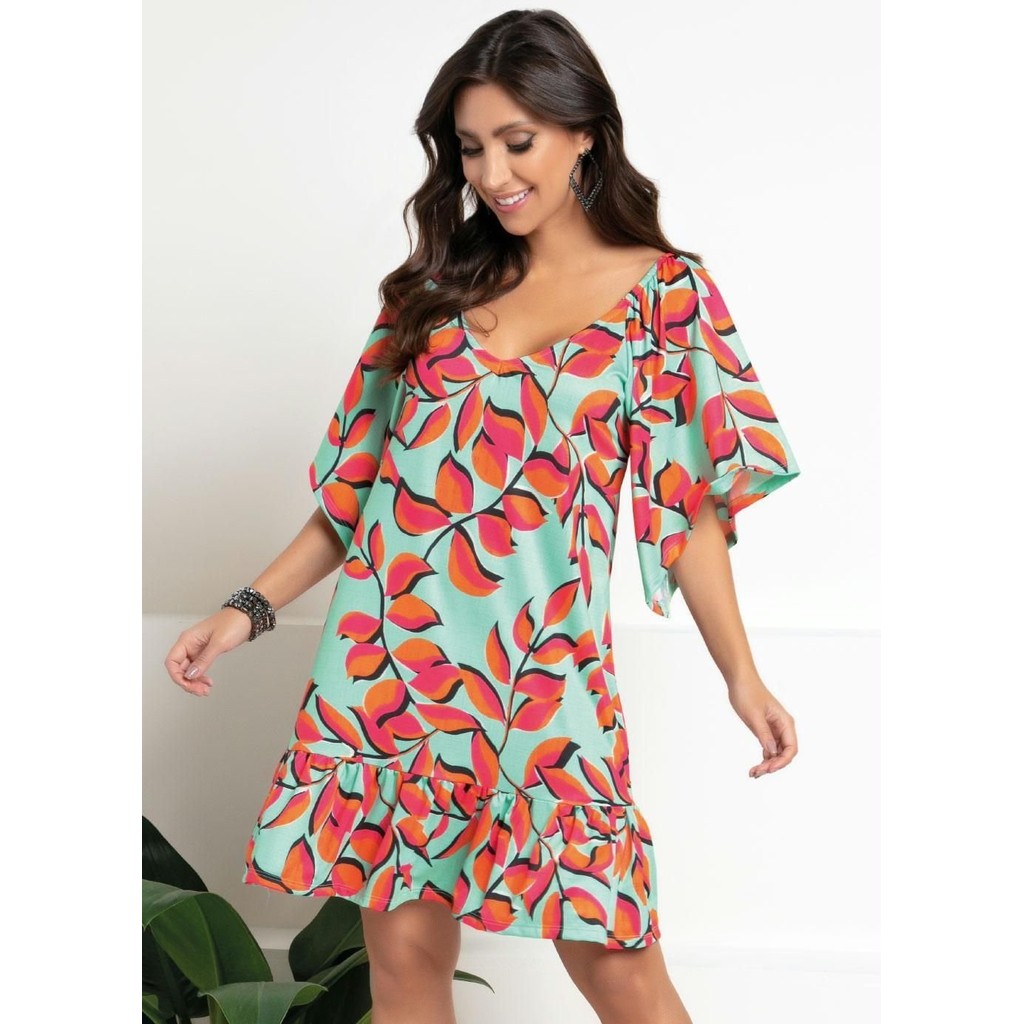 Vestido Curto Mangas Amplas 3/4 Verde Quintess Vestido Curto Mangas Amplas 3/4 Verde Quintess