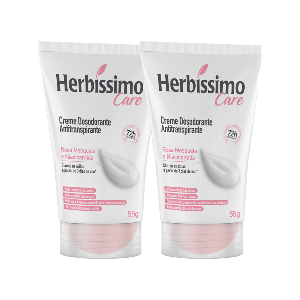 Kit C/2 Creme Desodorante Antitranspirante Herbíssimo Care Rosa Mosqueta e Niacinamida 55g Kit C/2 Creme Desodorante Antitranspirante Herbíssimo Care Rosa Mosqueta e Niacinamida 55g