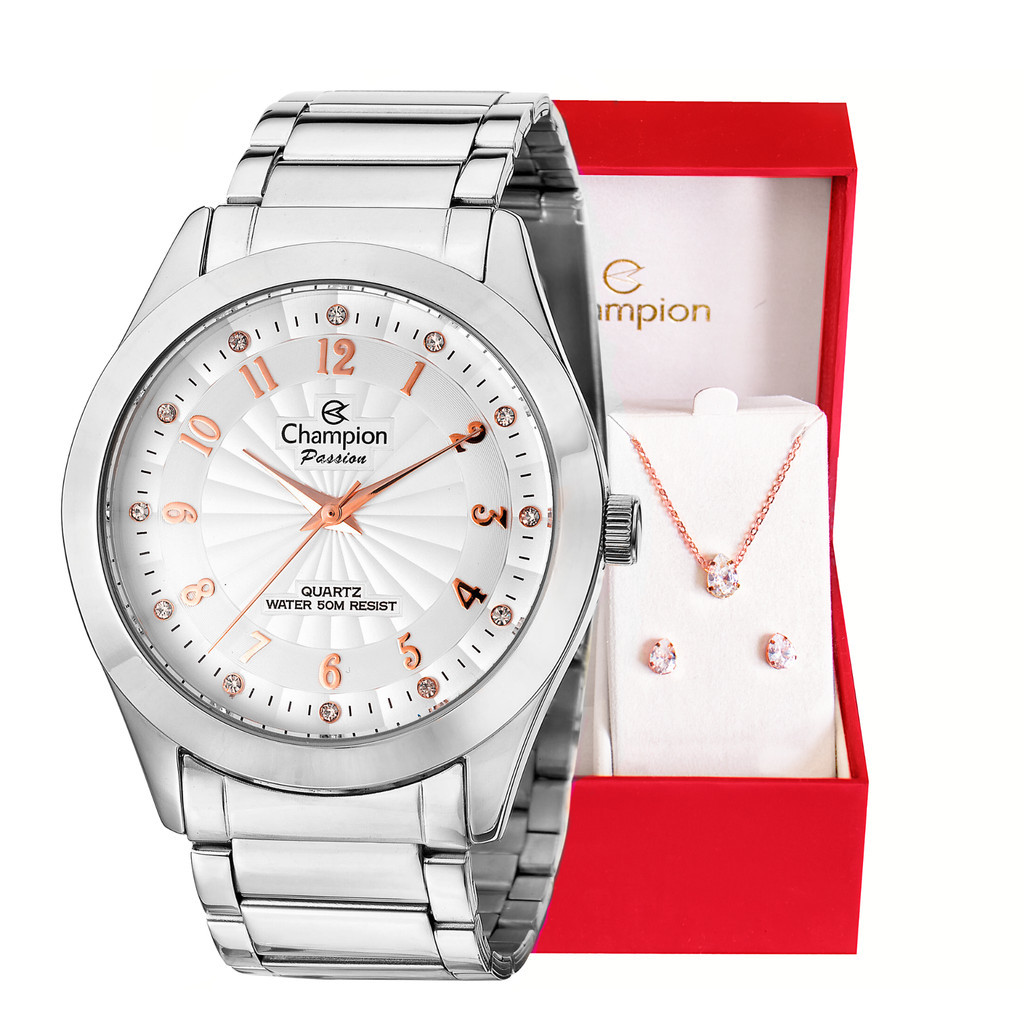 Relógio Champion Feminino Analógico Prata + Kit Colar Brincos Original A Prova D’Água Luxo CN29409N Relógio Champion Feminino Analógico Prata + Kit Colar Brincos Original A Prova D’Água Luxo CN29409N
