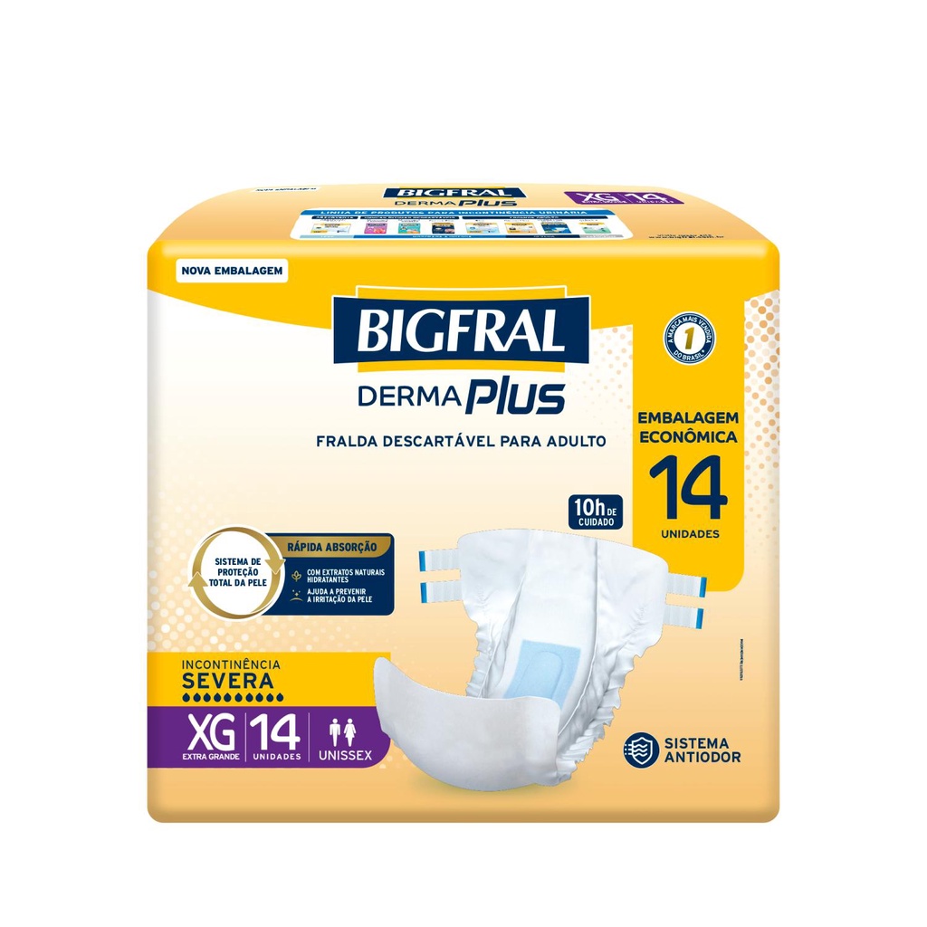 Fralda Geriátrica Bigfral Derma Plus XG com 14un Embalagem Econômica Fralda Geriátrica Bigfral Derma Plus XG com 14un Embalagem Econômica