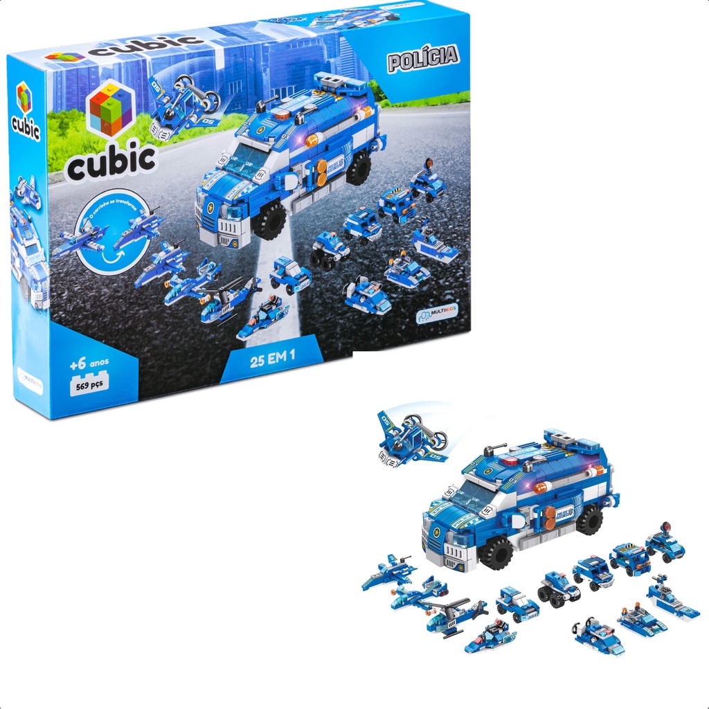 Brinquedo De Encaixe Cubic 25 Em 1 Polícia 569 Peças 24 Diferentes Tipos De Veículos + De 6 Anos Multikids – BR1619 Brinquedo De Encaixe Cubic 25 Em 1 Polícia 569 Peças 24 Diferentes Tipos De Veículos + De 6 Anos Multikids – BR1619