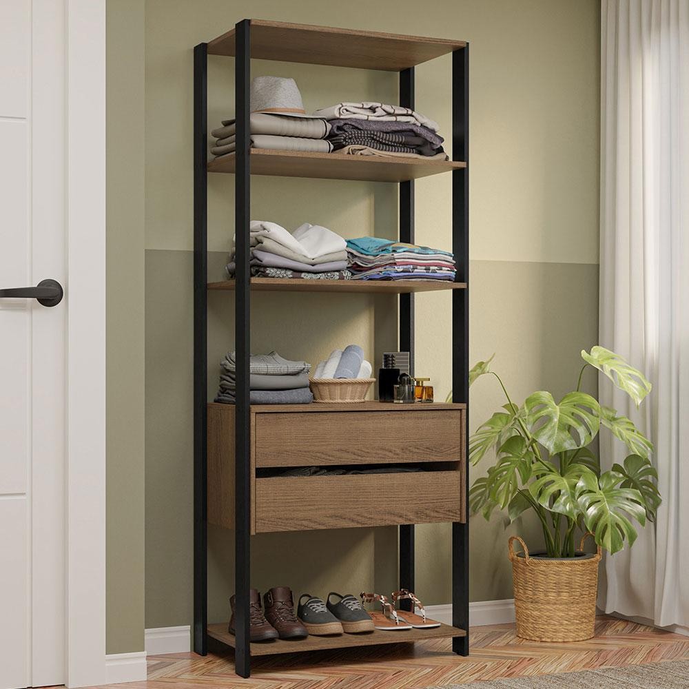 Guarda-Roupa Closet Modulado 2 Gavetas 4 Prateleiras 70cm Rustic/Preto Valencia Madesa Guarda-Roupa Closet Modulado 2 Gavetas 4 Prateleiras 70cm Rustic/Preto Valencia Madesa