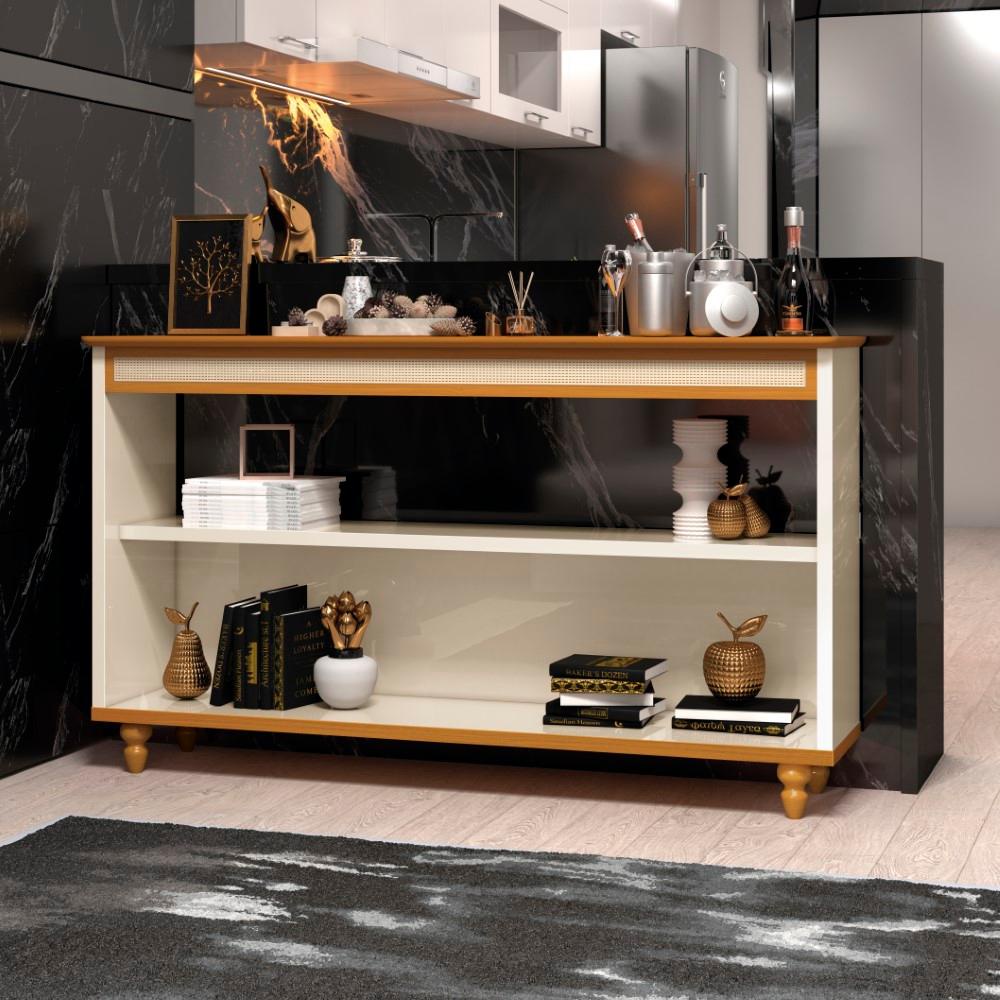 Aparador Buffet Doha Frontal Rathan com Pés de Madeira Maciça Amplo Espaço Tampo Amadeirado 136cm Aparador Buffet Doha Frontal Rathan com Pés de Madeira Maciça Amplo Espaço Tampo Amadeirado 136cm