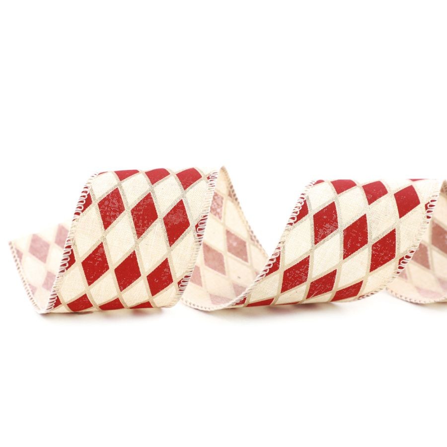Fita Decorativa Aramada – Losango Algodão Cru, Vermelho e Ouro – 6,3cm x 9,14m – 1 unidade – Cromus – Rizzo Fita Decorativa Aramada – Losango Algodão Cru, Vermelho e Ouro – 6,3cm x 9,14m – 1 unidade – Cromus – Rizzo