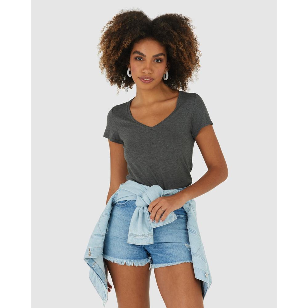 Blusa Básica Feminina Mullet Decote V Em Viscose Stretch Blusa Básica Feminina Mullet Decote V Em Viscose Stretch