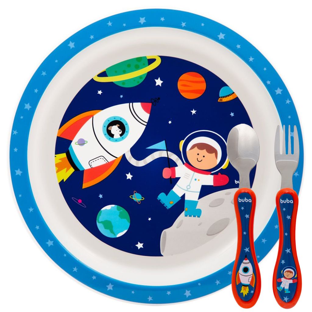 Kit Alimentação Pratinho Colher E Garfo Aventuras Astronauta Buba Kit Alimentação Pratinho Colher E Garfo Aventuras Astronauta Buba