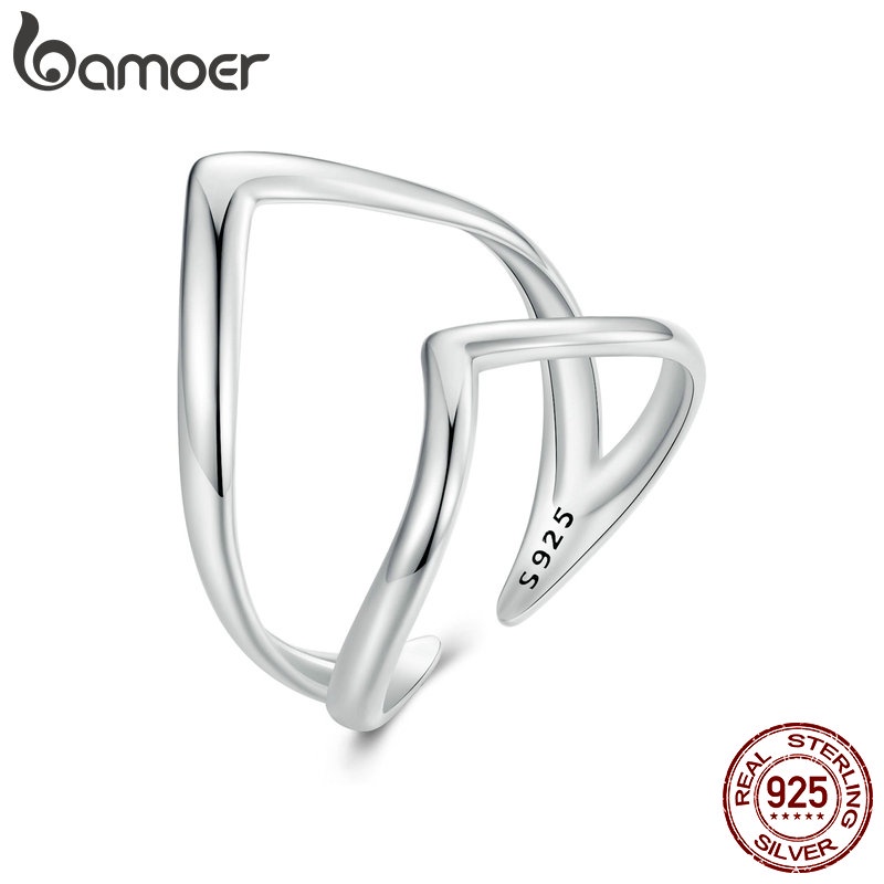 Bamoer 925 Sterling Sliver Ring V Em Forma De Anel De Fita Dupla Camada Presentes De Moda Para Mulheres Bamoer 925 Sterling Sliver Ring V Em Forma De Anel De Fita Dupla Camada Presentes De Moda Para Mulheres