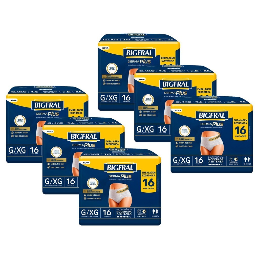 Kit 6 Roupas Íntima Bigfral Pants Derma Plus G/EX com 16un cada Kit 6 Roupas Íntima Bigfral Pants Derma Plus G/EX com 16un cada