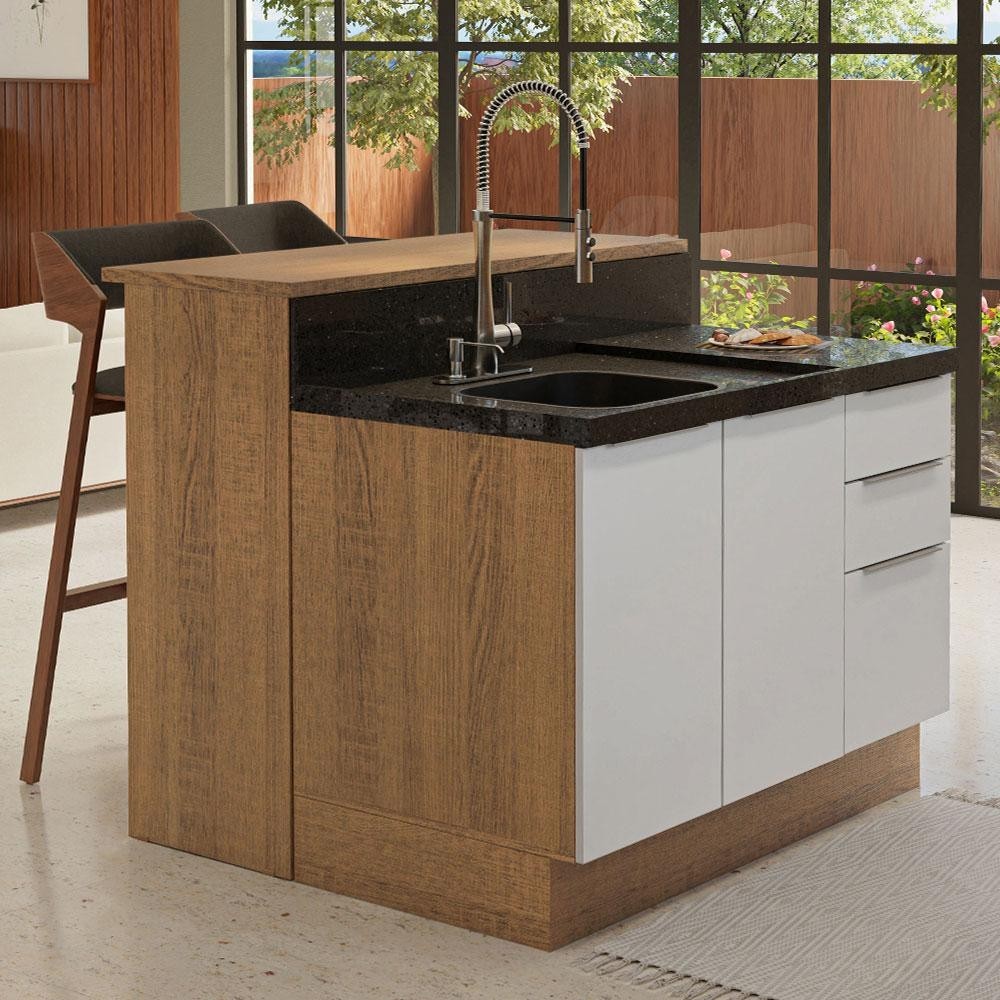 Ilha de Cozinha com Bancada e Balcão 120 cm Rustic/Branco Stella Madesa