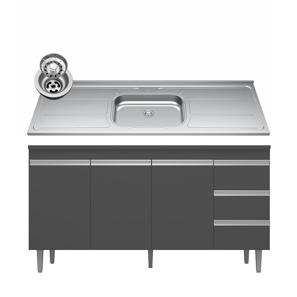 Balcão Gabinete com Pia Inox 150cm Andréia 3 Portas Cinza – AJL Móveis Balcão Gabinete com Pia Inox 150cm Andréia 3 Portas Cinza – AJL Móveis