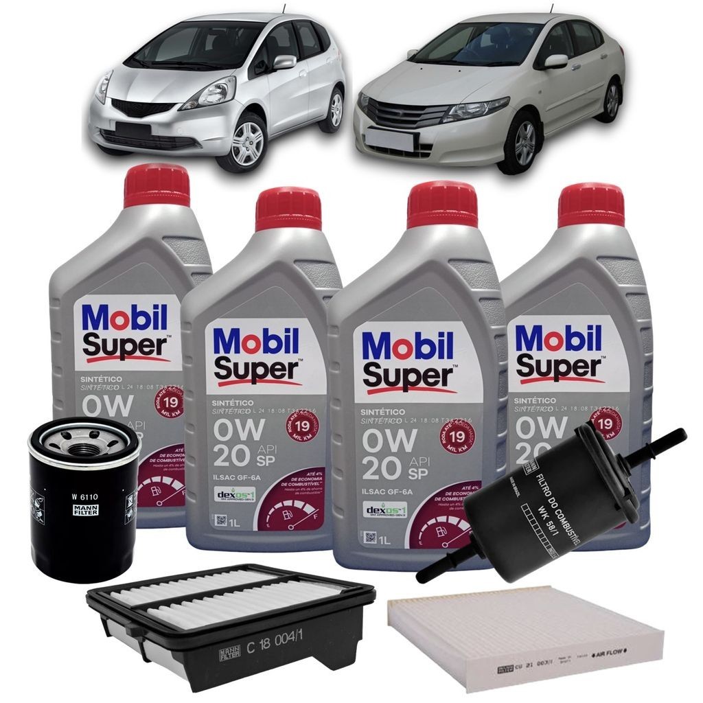 Kit Revisão 4 Litros de Óleo Mobil 0W20 API SP ILSAC GF-6 Sintético + Kit de Filtros Mann Filter Honda City | Fit 1.4/1.5 16V Flex 2009 até 2014 Kit Revisão 4 Litros de Óleo Mobil 0W20 API SP ILSAC GF-6 Sintético + Kit de Filtros Mann Filter Honda City | Fit 1.4/1.5 16V Flex 2009 até 2014