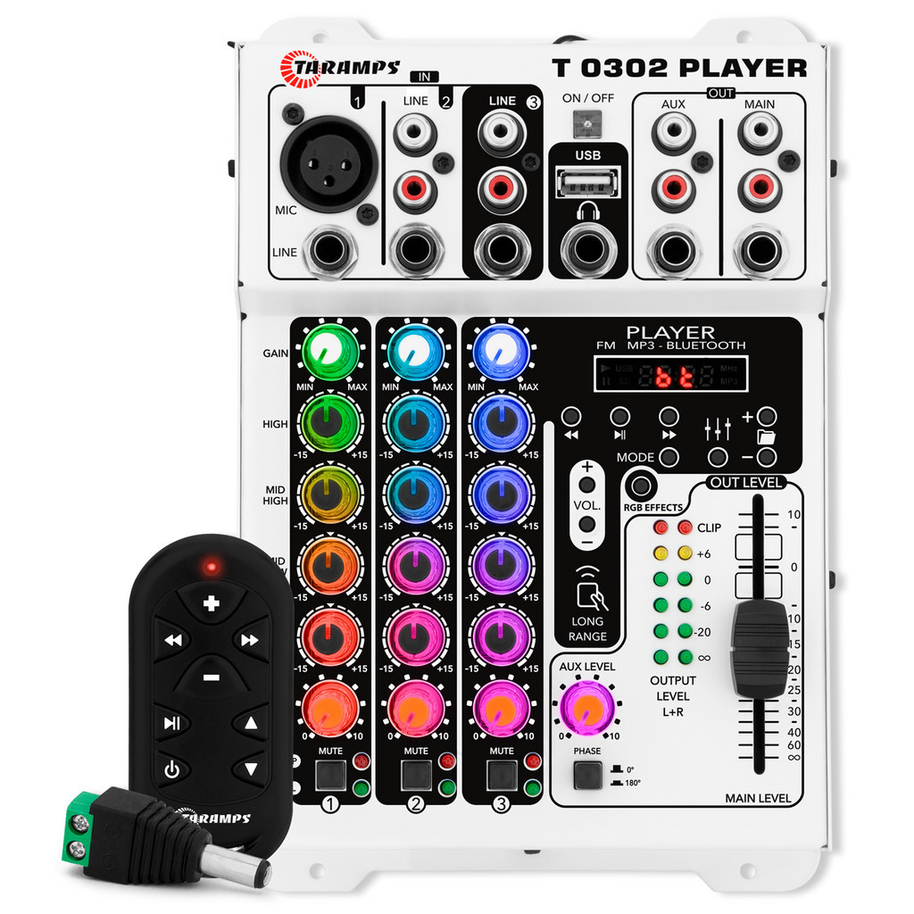 Mesa De Som Taramps T0302 Player Bluetooth 3 Canais 2 Saídas 12V RGB 72 Efeitos Mesa De Som Taramps T0302 Player Bluetooth 3 Canais 2 Saídas 12V RGB 72 Efeitos
