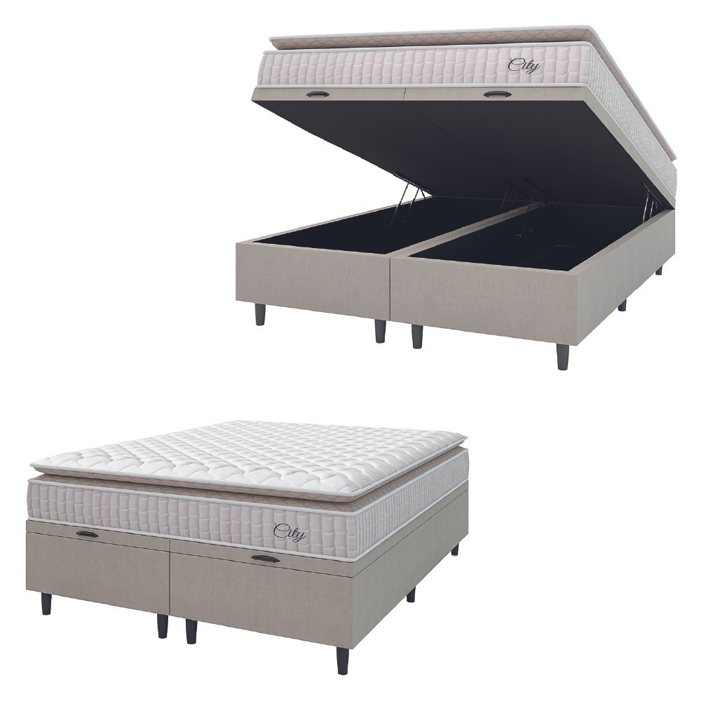 Cama Box Colchão Baú Casal Queen Molas Ensacadas City Pillow Top 158x198x64cm Branco / Bege Hellen Cama Box Colchão Baú Casal Queen Molas Ensacadas City Pillow Top 158x198x64cm Branco / Bege Hellen