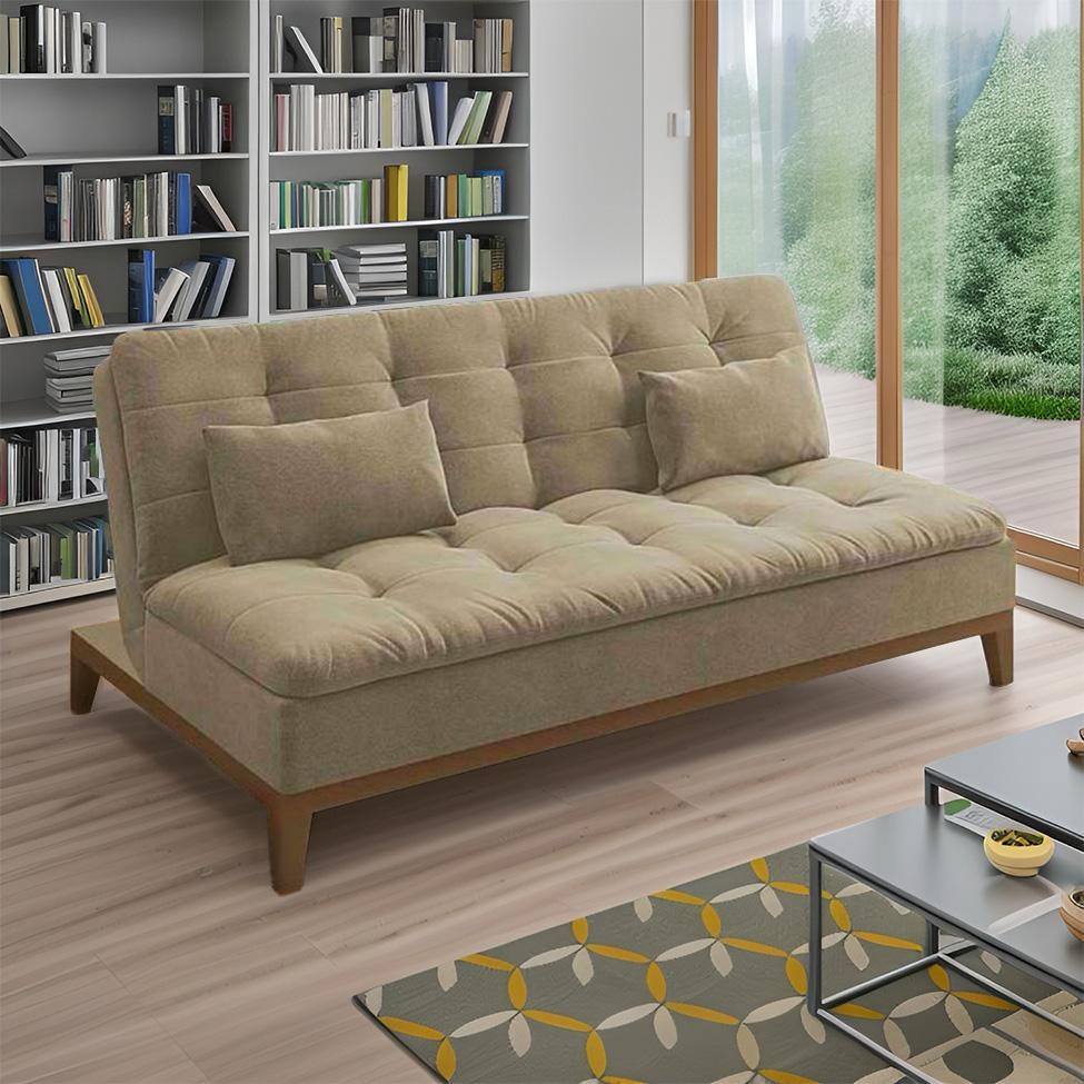 Sofá-Cama 3 Lugares Casal Beth Base e Pés de Madeira Suede Bege Sofá-Cama 3 Lugares Casal Beth Base e Pés de Madeira Suede Bege