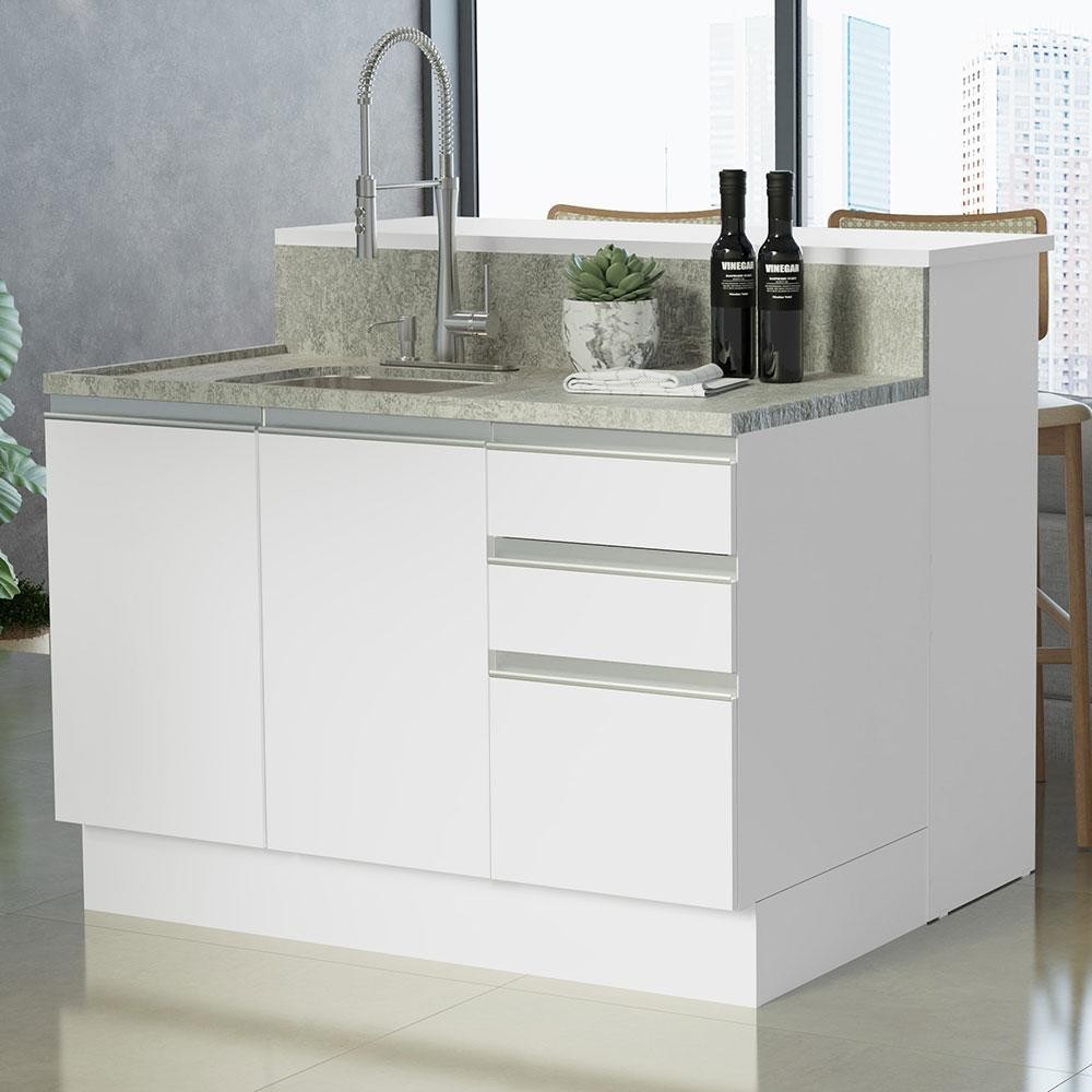 Ilha de Cozinha com Bancada e Balcão 120 cm Branco Glamy Madesa Ilha de Cozinha com Bancada e Balcão 120 cm Branco Glamy Madesa