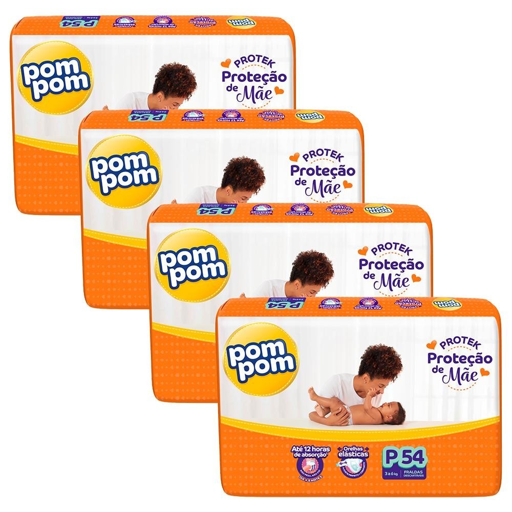 Kit 4 Fraldas Pom Pom Derma Protek Mega P com 54un cada Kit 4 Fraldas Pom Pom Derma Protek Mega P com 54un cada