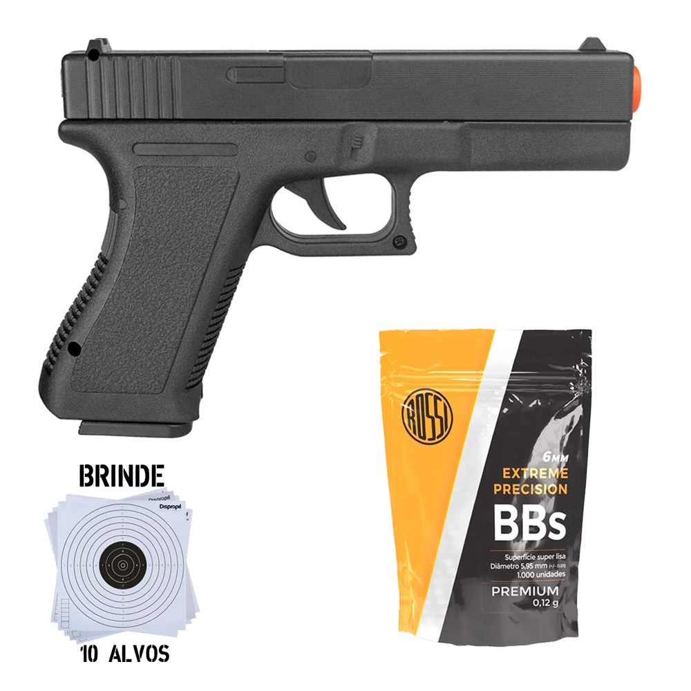Pistola Airsoft Spring Glock GK-V307 – Vigor + BB’s Plásticas Airsoft 0.12g 1000un – Rossi + Alvos Pistola Airsoft Spring Glock GK-V307 – Vigor + BB’s Plásticas Airsoft 0.12g 1000un – Rossi + Alvos