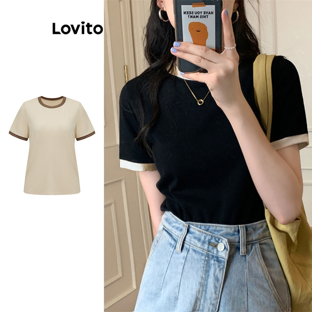 Lovito Camiseta Casual Lisa Contrastante Com Encadernação Colorblock Para Mulheres LNE17059 (Multicolorido) Lovito Camiseta Casual Lisa Contrastante Com Encadernação Colorblock Para Mulheres LNE17059 (Multicolorido)