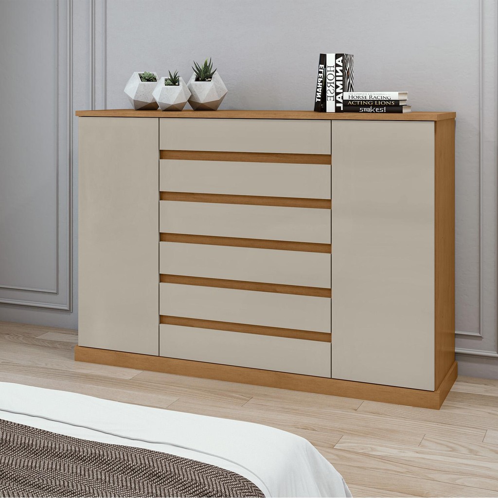Comoda Vedra 7 Gavetas 2 Portas Amendoa Clean/Off White Comoda Vedra 7 Gavetas 2 Portas Amendoa Clean/Off White