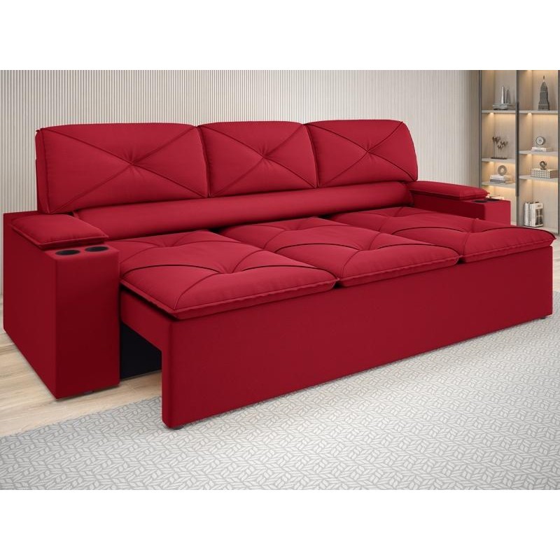 Sofá com Porta Copos Retrátil e Reclinável Pop 2,05m Velosuede Vermelho – NETSOFAS