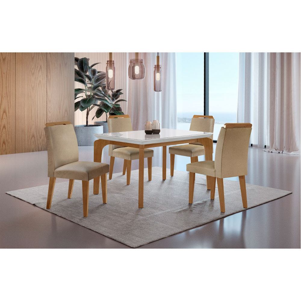 Conjunto Sala de Jantar Mesa Liz 120cm com Vidro Canto Reto e 4 Cadeiras Athenas Moderna Conjunto Sala de Jantar Mesa Liz 120cm com Vidro Canto Reto e 4 Cadeiras Athenas Moderna