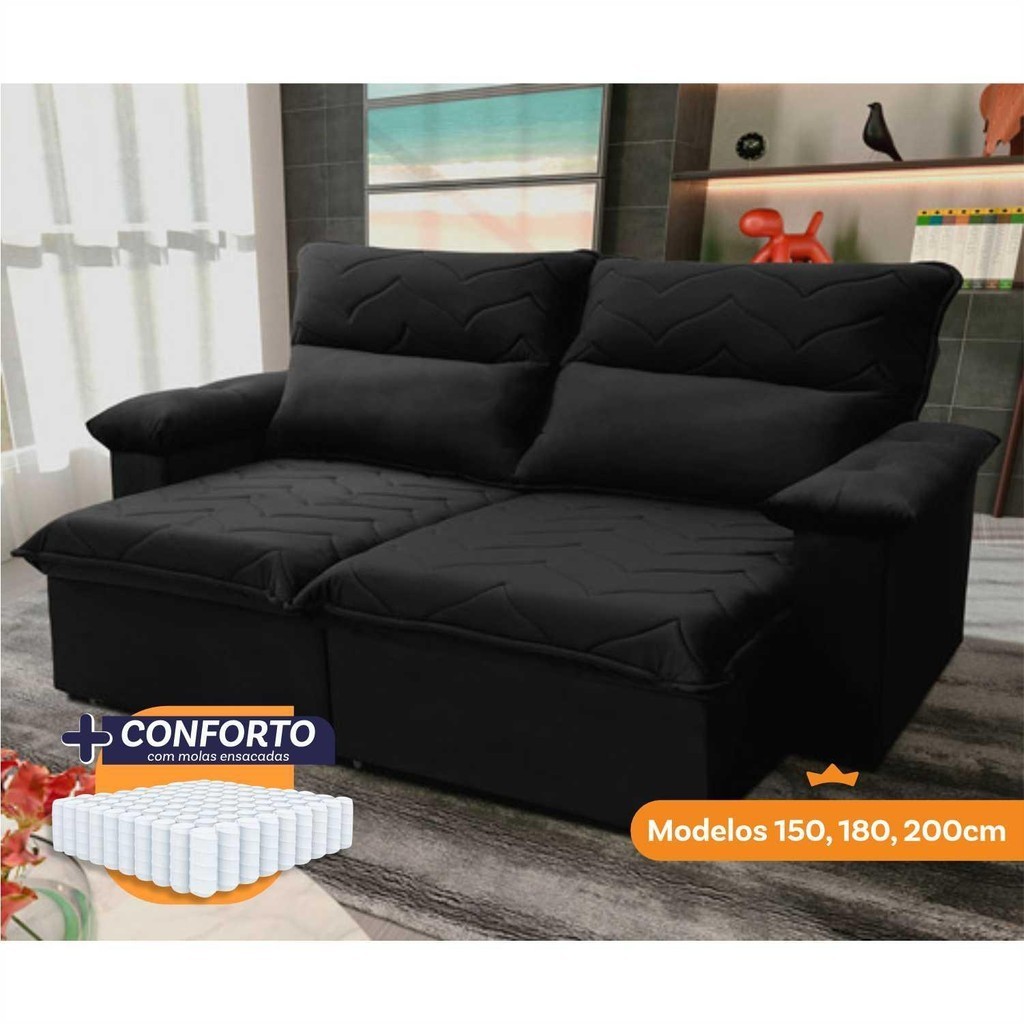 Sofá Retrátil Reclinável Paris 2,00m Suede Velut Preto Molas Ensacadas – King House Sofá Retrátil Reclinável Paris 2,00m Suede Velut Preto Molas Ensacadas – King House