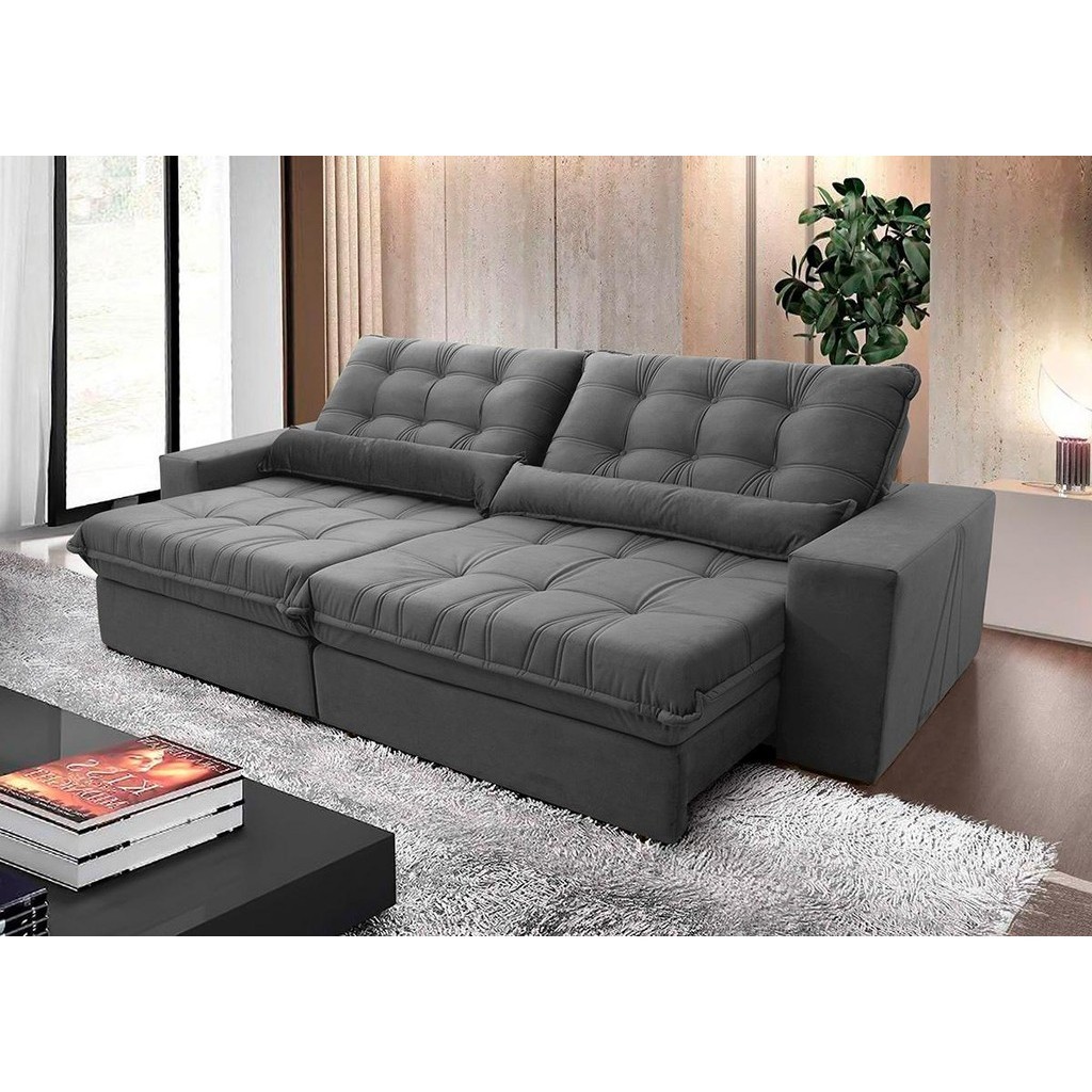 Sofá Retrátil Reclinável Zurique 2,30m Suede Velut Cinza c/ Molas no Assento – King House Sofá Retrátil Reclinável Zurique 2,30m Suede Velut Cinza c/ Molas no Assento – King House