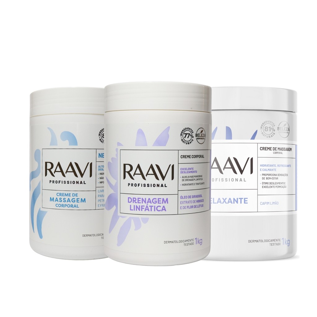 Kit 3 Creme Massagem Drenagem Linfática Profissional Raavi