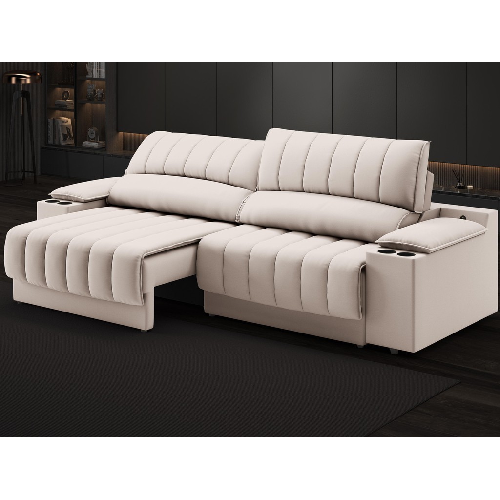 Sofá com Porta Copos Carregador USB Ret Rec Murano 2,30m Velosuede Areia – NETSOFAS Sofá com Porta Copos Carregador USB Ret Rec Murano 2,30m Velosuede Areia – NETSOFAS