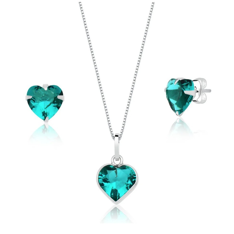 conjunto brinco e colar coração prata 925 verde agua conjunto brinco e colar coração prata 925 verde agua