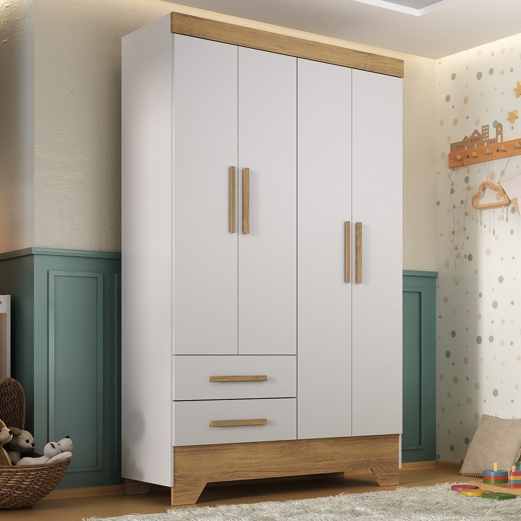 Guarda Roupa Infantil 4 Portas 2 Gavetas Branco/Natural Tic Tac Espresso Móveis Branco Fosco/Natural Guarda Roupa Infantil 4 Portas 2 Gavetas Branco/Natural Tic Tac Espresso Móveis Branco Fosco/Natural
