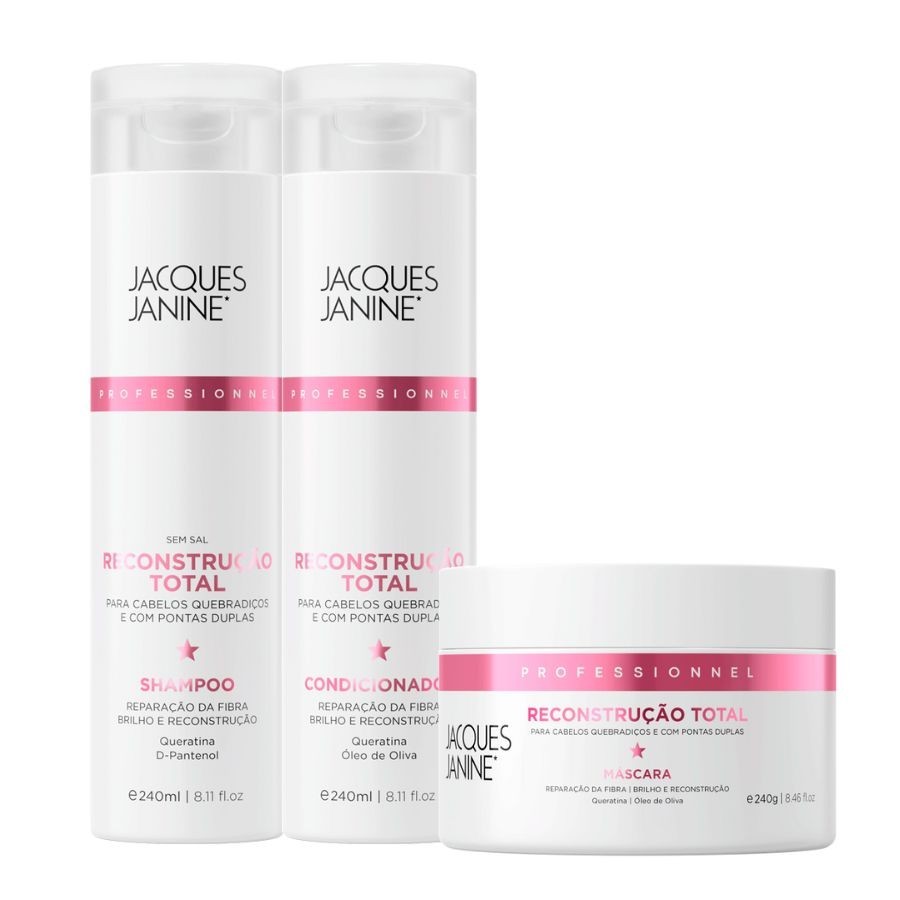 Kit Jacques Janine Reconstrução Total Shampoo Condicionador 240ml Máscara 240g Kit Jacques Janine Reconstrução Total Shampoo Condicionador 240ml Máscara 240g