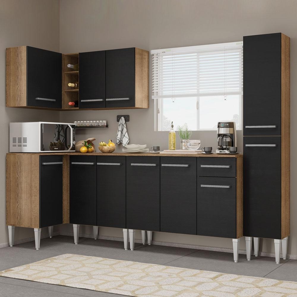 Cozinha Completa de Canto Madesa Emilly Water com Armário, Balcão e Paneleiro – Rustic/Preto Cozinha Completa de Canto Madesa Emilly Water com Armário, Balcão e Paneleiro – Rustic/Preto