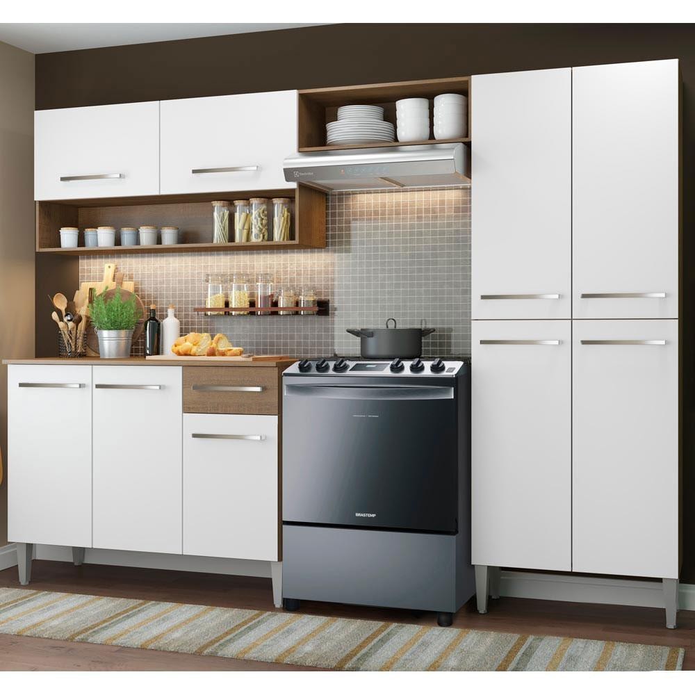 Armário de Cozinha Compacta 229cm Branco/Rustic Emilly Pop Madesa 02 Armário de Cozinha Compacta 229cm Branco/Rustic Emilly Pop Madesa 02