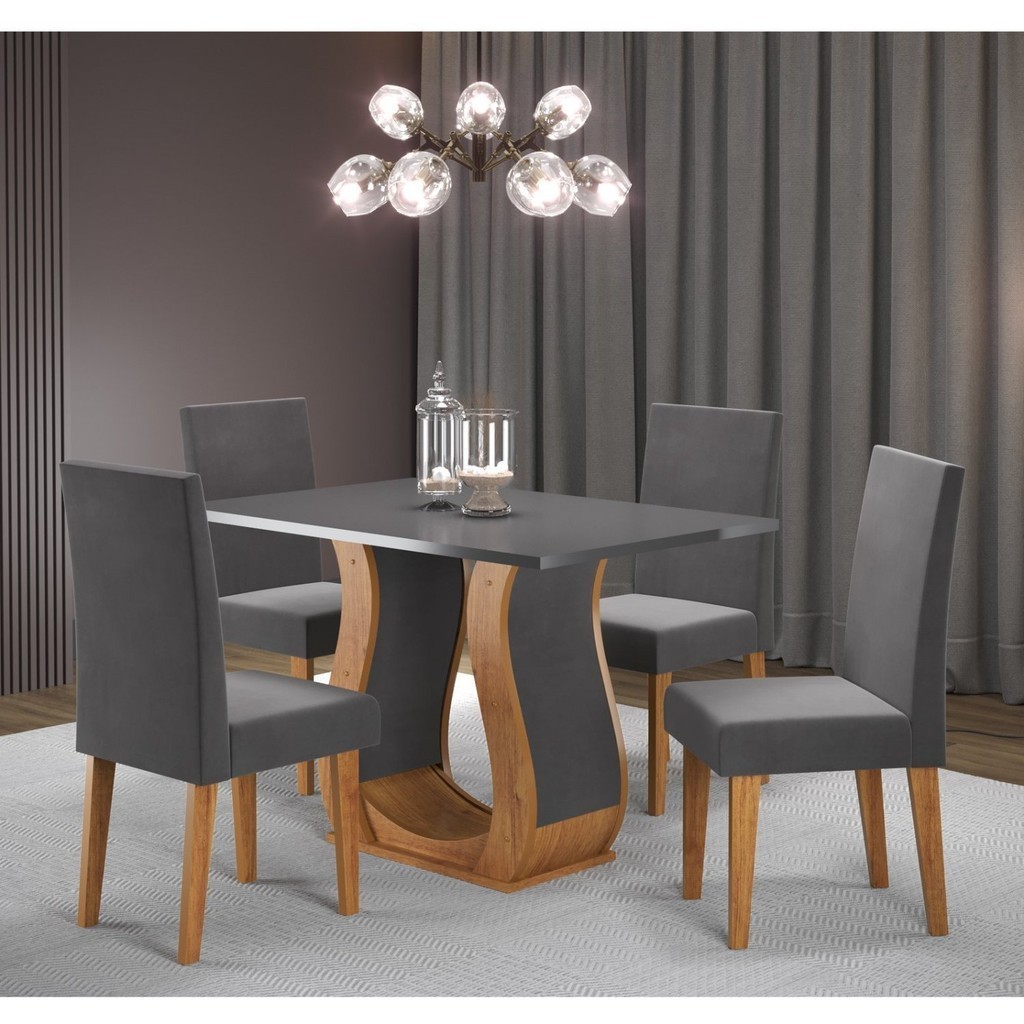Conjunto Sala de Jantar 4 Lugares com Mesa Retangular e Cadeiras Estofadas Criare Vênus Mel Grafite Mel/Grafite Conjunto Sala de Jantar 4 Lugares com Mesa Retangular e Cadeiras Estofadas Criare Vênus Mel Grafite Mel/Grafite