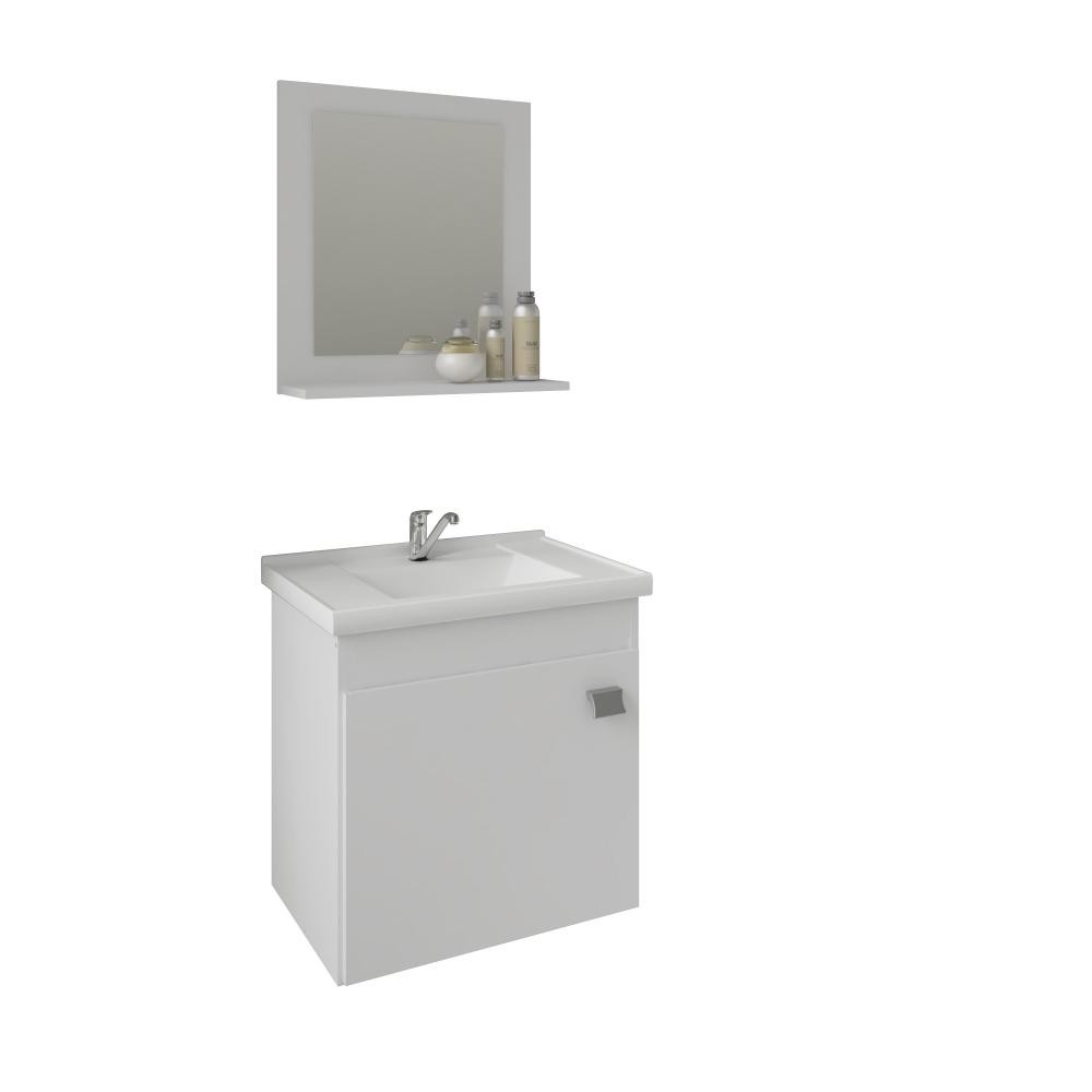 Gabinete Para Banheiro Com Lavatório E Espelho Iris Branco MGM Móveis 44cm Gabinete Para Banheiro Com Lavatório E Espelho Iris Branco MGM Móveis 44cm