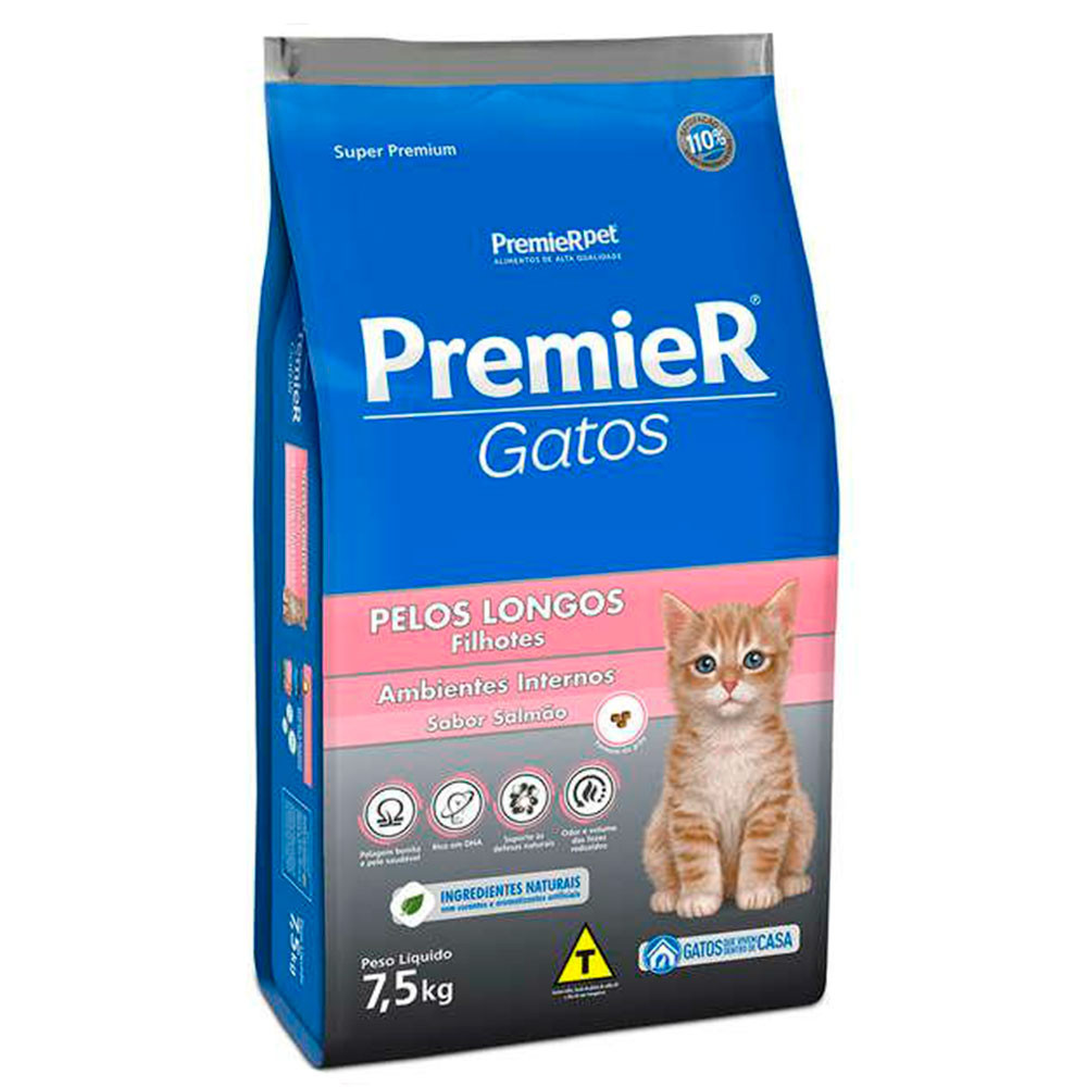 Ração Premier Gatos Filhotes Pelos Longos Ambientes Internos Salmão 7,5kg Ração Premier Gatos Filhotes Pelos Longos Ambientes Internos Salmão 7,5kg
