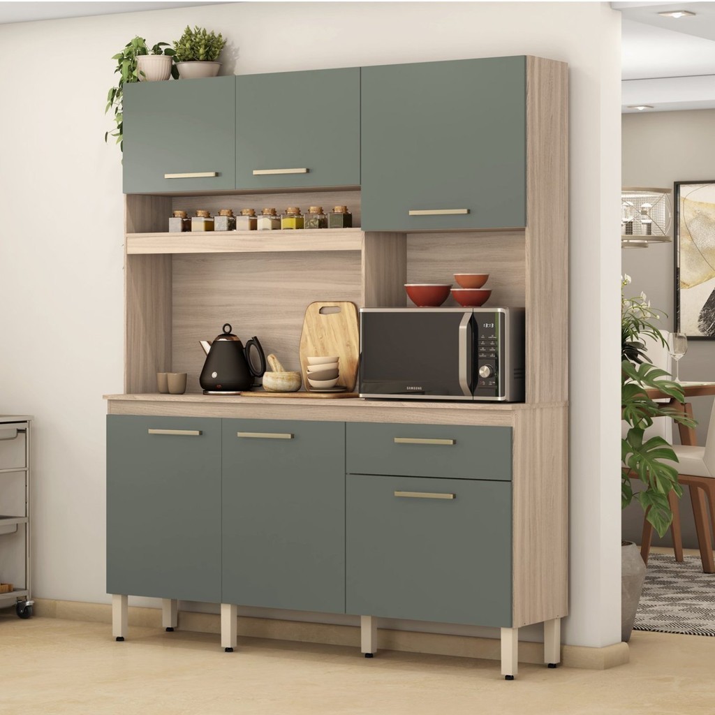 Cozinha Compacta 6 Portas 1 Gaveta Alamo Avena/Menta Cozinha Compacta 6 Portas 1 Gaveta Alamo Avena/Menta