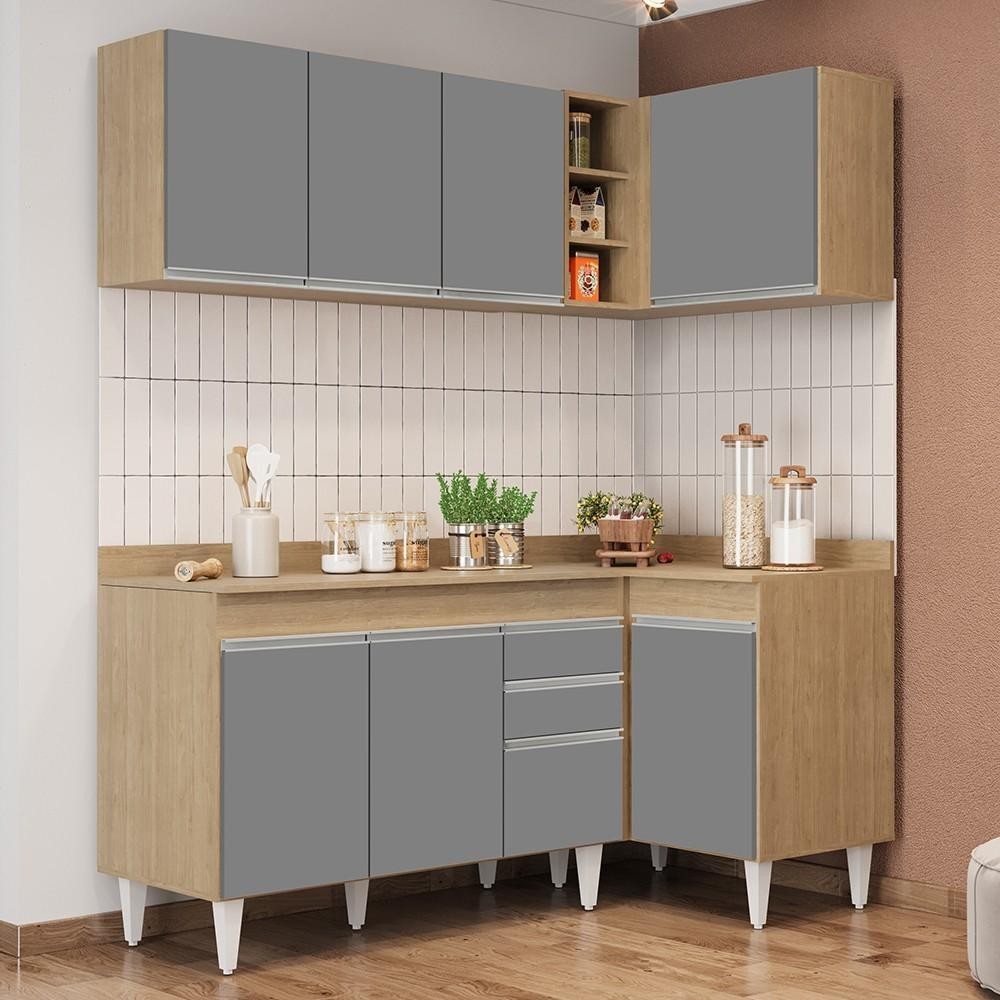 Armário de Cozinha Modulado de Canto Esquerdo 4 Peças CP47 Balcão com Tampo Castanho/Cinza – Lumil