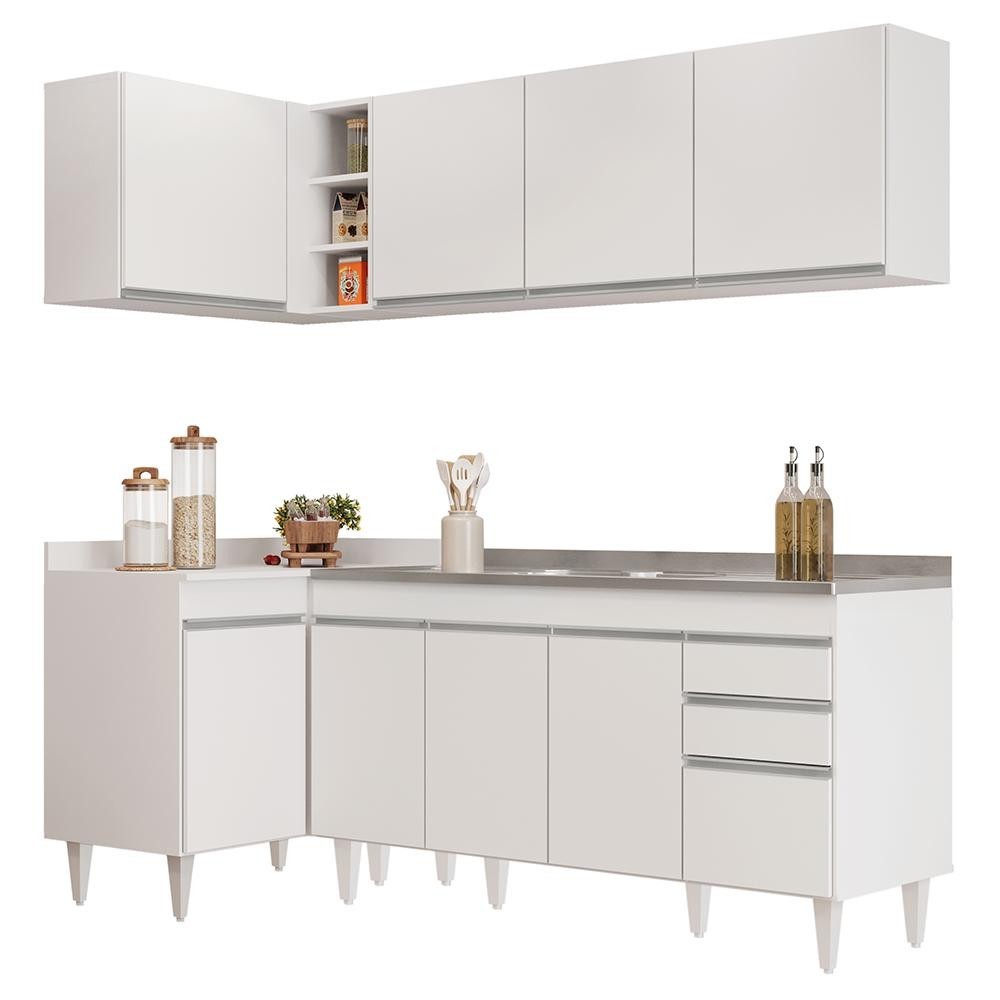 Armário de Cozinha Modulado de Canto Direito 4 Peças CP42 com Pia Inox Branco – Lumil