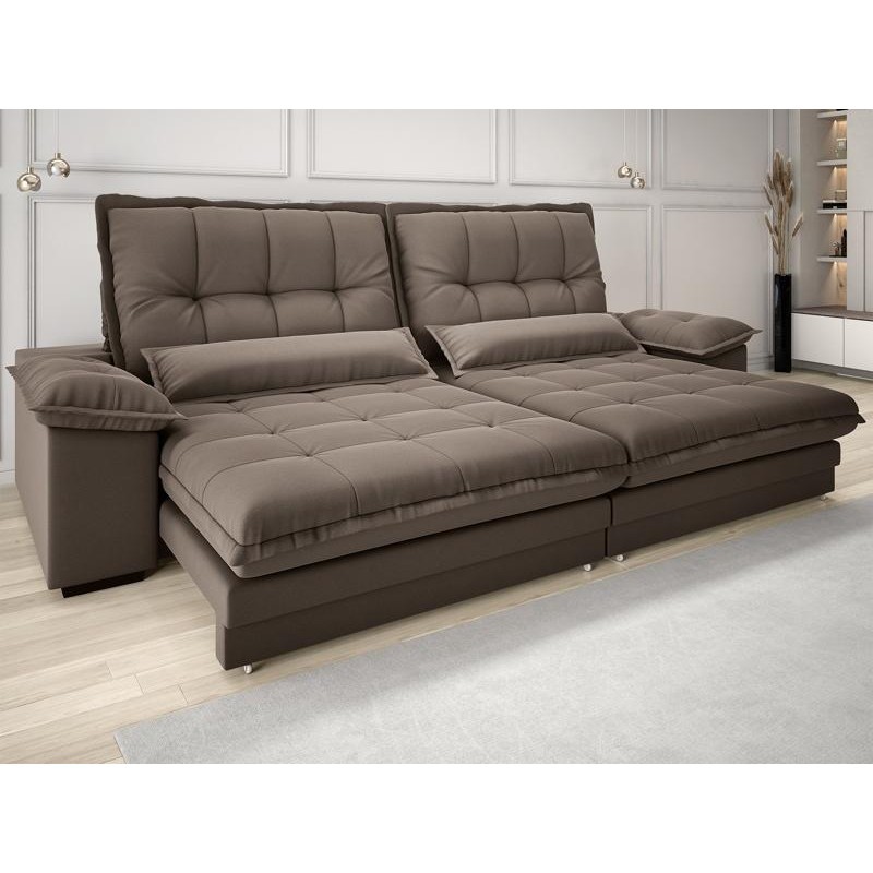 Sofá Bergamo 2,30m Assento Retrátil e Reclinável Velosuede Marrom – NETSOFAS Sofá Bergamo 2,30m Assento Retrátil e Reclinável Velosuede Marrom – NETSOFAS