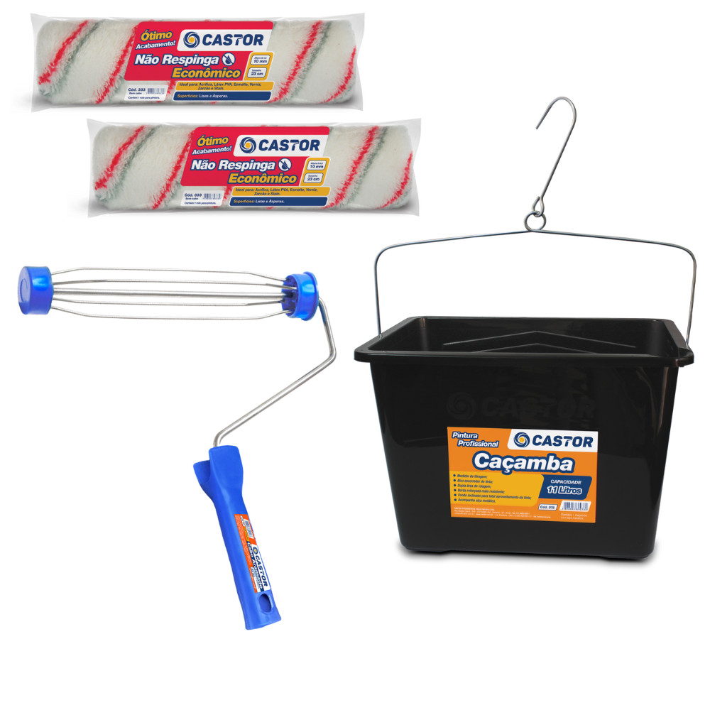 Kit 2 Rolos Não Respinga + 1 Cabo + 1 Balde/Caçamba – Castor Kit 2 Rolos Não Respinga + 1 Cabo + 1 Balde/Caçamba – Castor