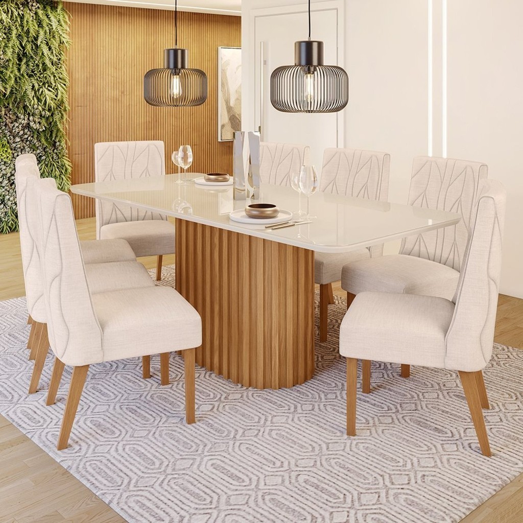 Conjunto Sala de Jantar Tampo MDF/Vidro 8 Cadeiras Mira Nature/Off White/Linho