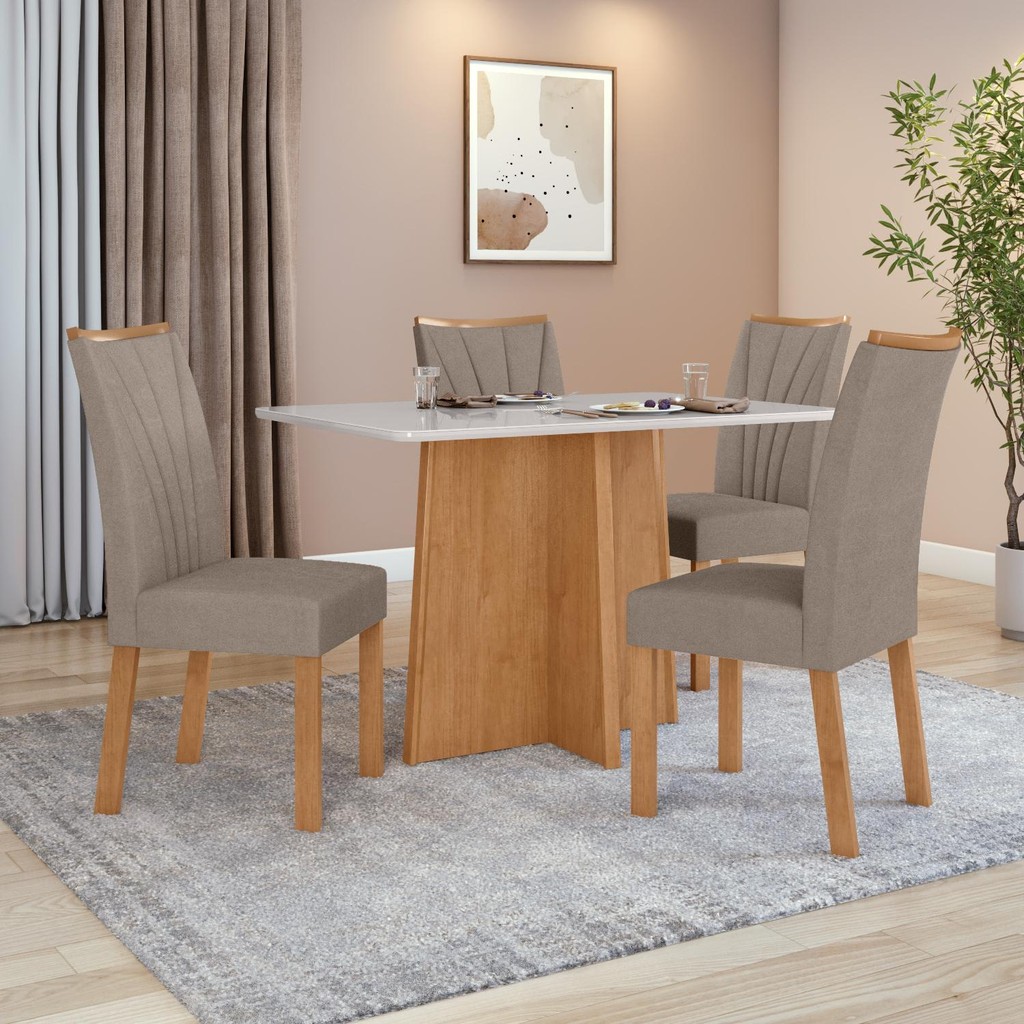 Conjunto Sala de Jantar Mesa Celebrare.120×80 Tampo Vidro/MDF com 4 Cad Apogeu Suede Amendoa/Off Conjunto Sala de Jantar Mesa Celebrare.120×80 Tampo Vidro/MDF com 4 Cad Apogeu Suede Amendoa/Off