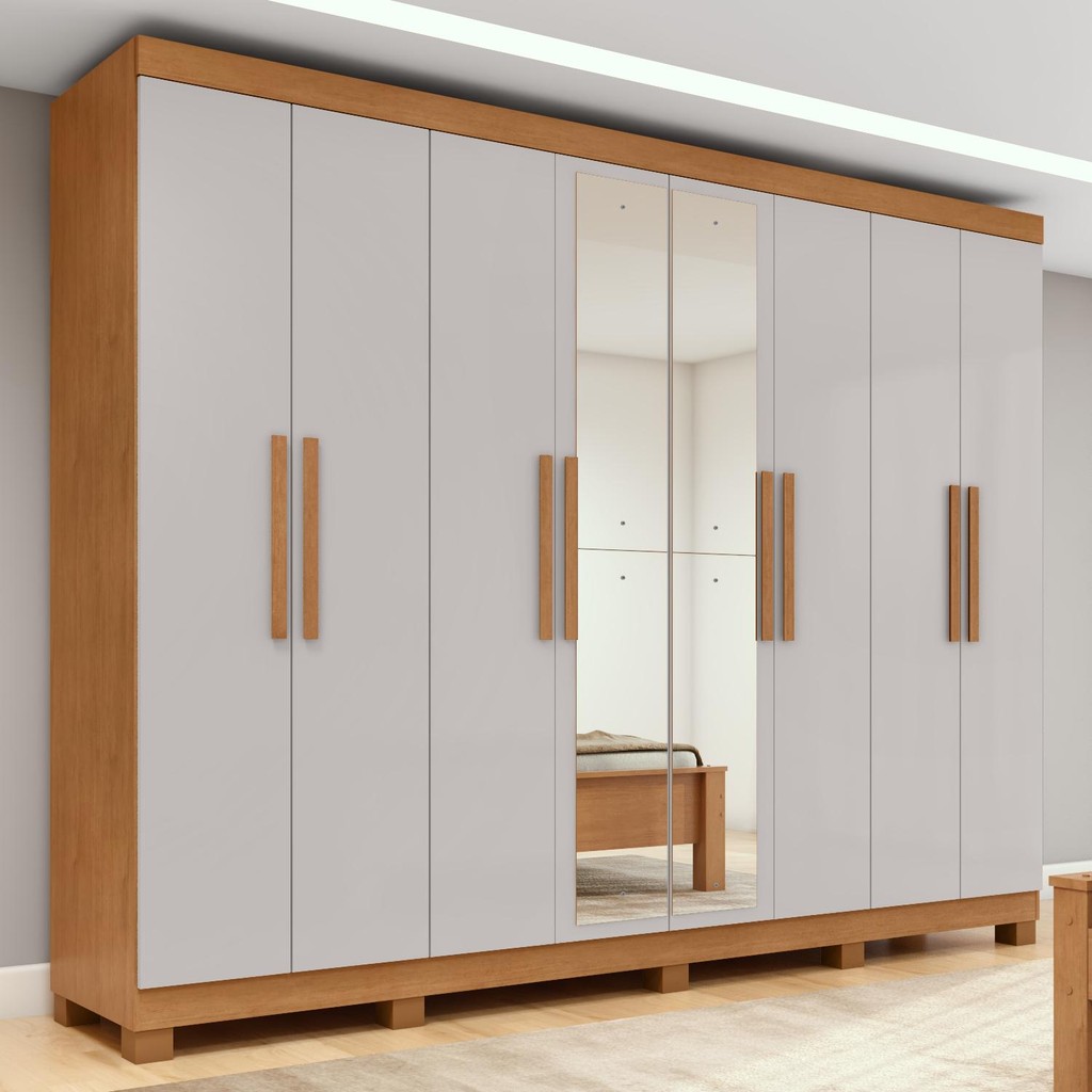 Guarda-roupa Casal Easy Slim 8 Portas Com Espelho e Pés Amendoa Clean/Off White Guarda-roupa Casal Easy Slim 8 Portas Com Espelho e Pés Amendoa Clean/Off White