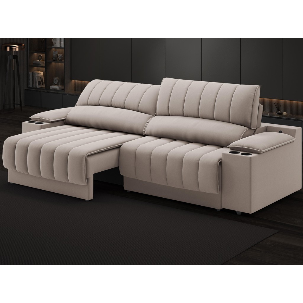 Sofá com Porta Copos Carregador USB Ret Rec Murano 2,30m Velosuede Bege – NETSOFAS