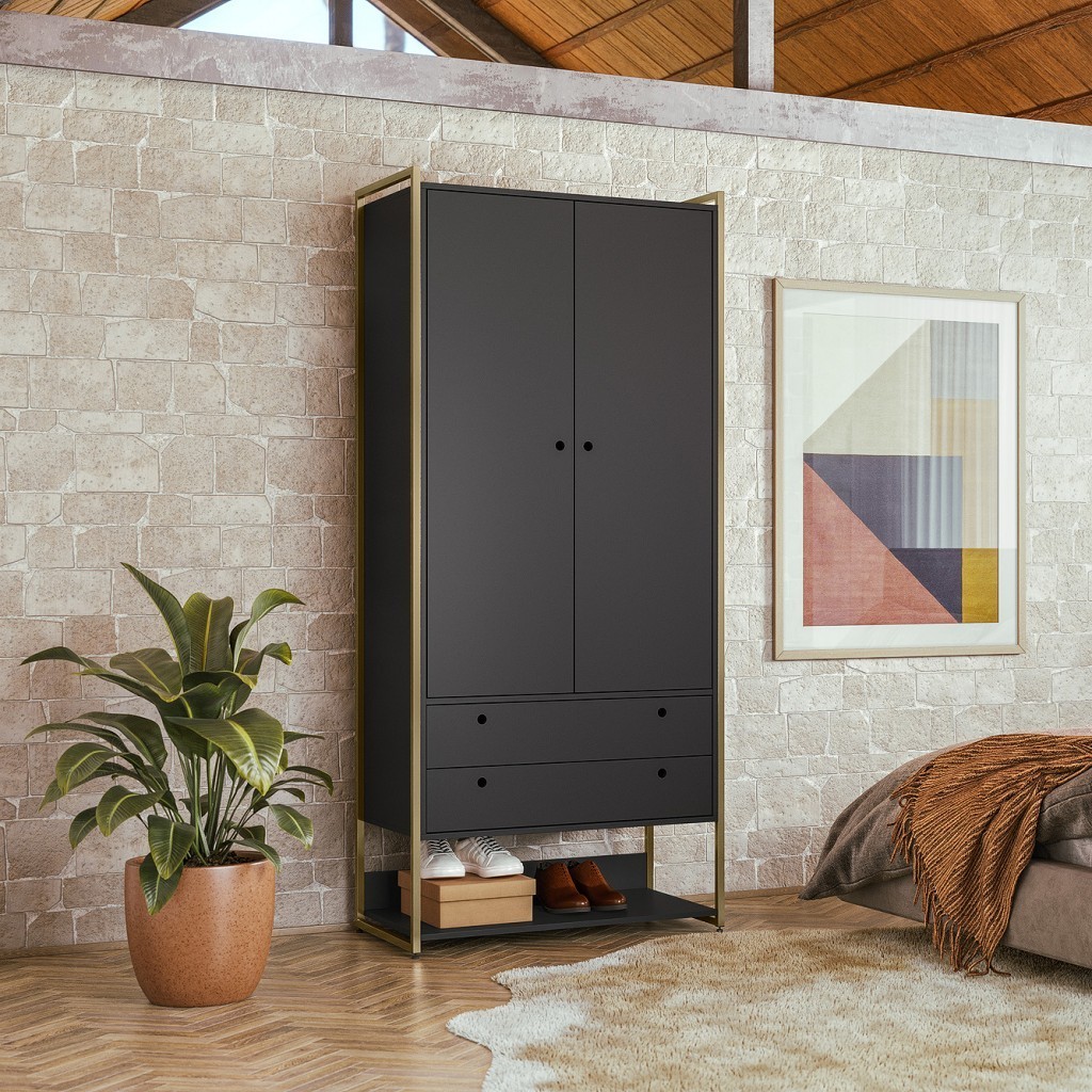 Guarda Roupa Closet Estilo Industrial Moderno Quarto cabideiro 2 Portas 2 Gav Preto – Olivar Móveis Guarda Roupa Closet Estilo Industrial Moderno Quarto cabideiro 2 Portas 2 Gav Preto – Olivar Móveis